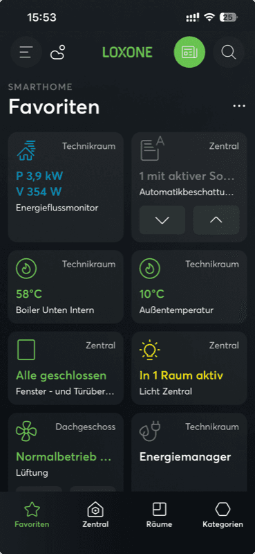 Loxone App — Favoriten-Übersicht mit Smart Home Steuerung